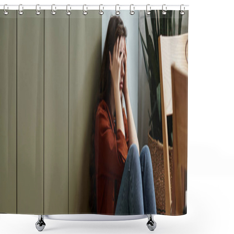 Personality  A Woman Stands At An Ironing Board, Visibly Weighed Down By Her Emotions While Doing Chores. Shower Curtains