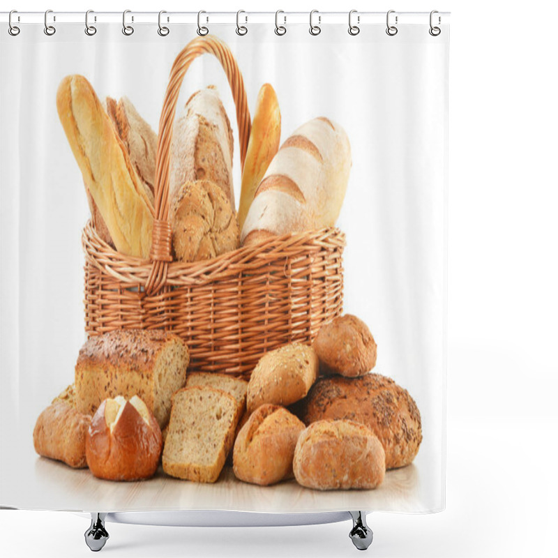 Personality  Bread And Rolls In Wicker Basket Isolated On White Shower Curtains