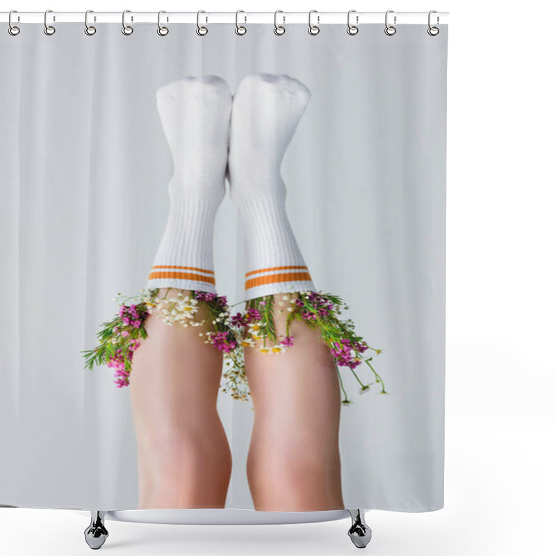 Personality  Close-up View Of Female Legs With Fresh Flowers In Socks Isolated On Grey, Upside Down View  Shower Curtains