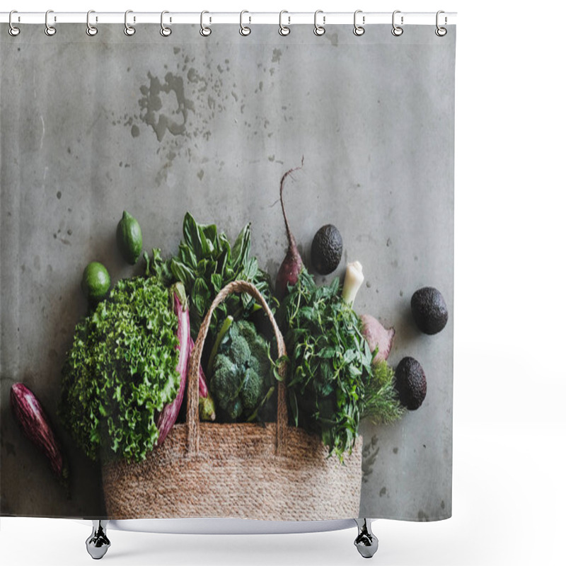 Personality  Bag With Healthy Grocery Goods. Flat-lay Of Jute Bag Full Of Vegetables And Greens From Local Farmers Market Over Grey Kitchen Counter, Top View. Eco-friendly, Zero Waste, Clean Eating, Vegan Concept Shower Curtains