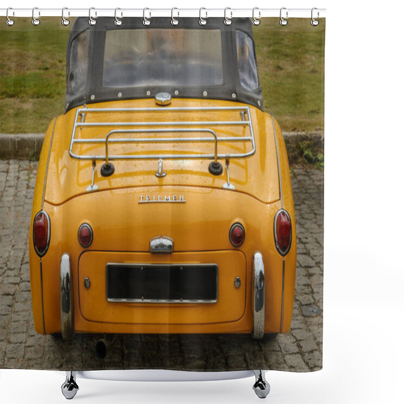 Personality  Lisbon, Portugal - Oct 15, 2023: Rear And High Angle View Of Yellow Convertible Triumph TR3A Soft Top Drophead Car On A Driveway. Vintage Car With Rounded Headlights And Classic Styling, Triumph Motor Shower Curtains