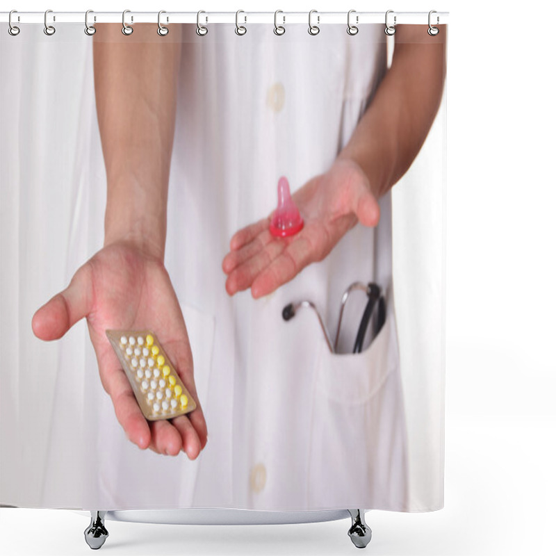 Personality  Contraceptive Pills In Hand Of Doctor,Concept For Choose Between Oral Contraceptives Or Condoms. Shower Curtains