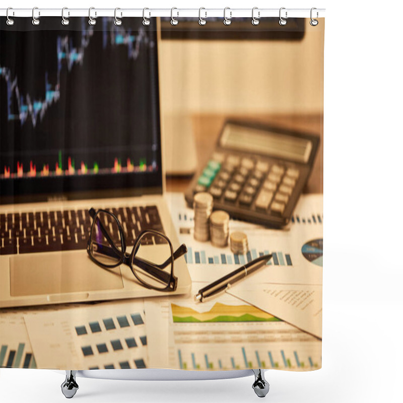 Personality  Selective Focus Of Laptop, Coins, Papers, Glasses, Pen And Calculator On Table    Shower Curtains