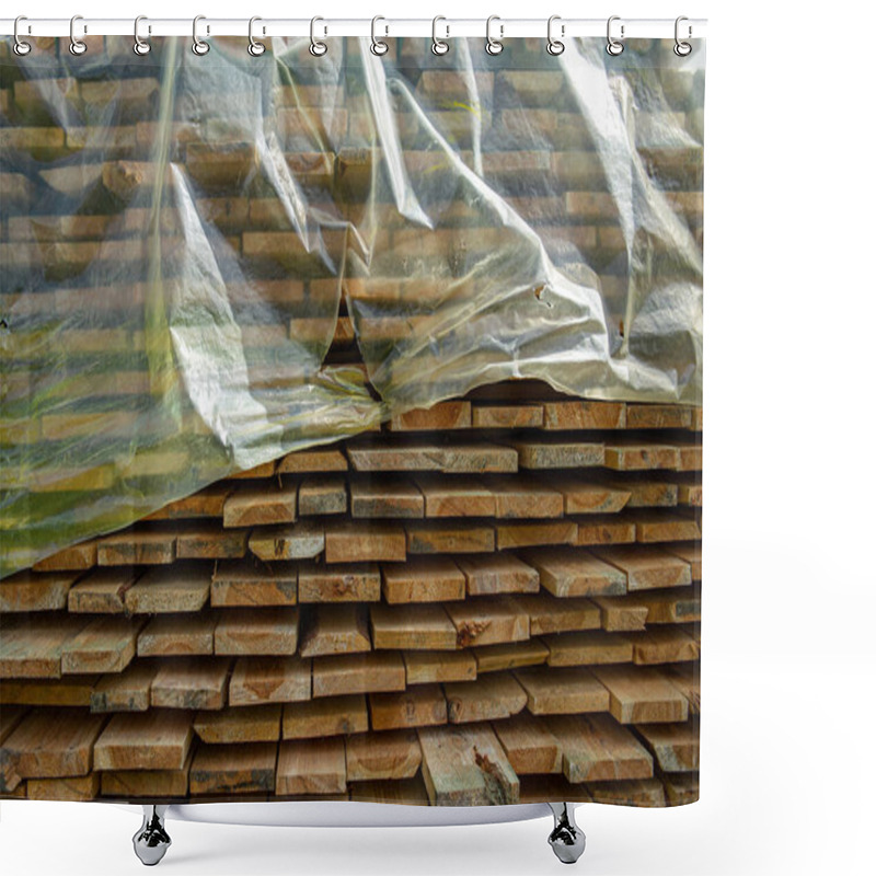 Personality  Wooden Beams For Building A House Are Dried In Natural Conditions, Covered With Plastic Wrap. Spring Season, May. Shower Curtains