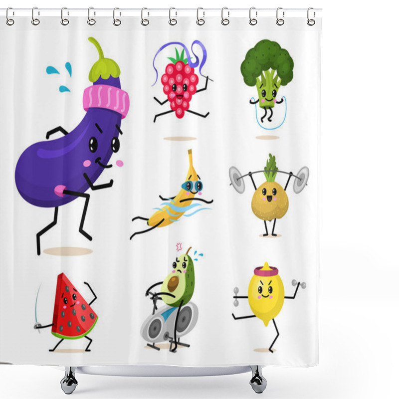 Personality  Sports Fruit Characters. Set Of Cute Healthy Vegetables And Funny Face Berries. Happy Food Strawberry Eggplant Banana Watermelon Broccoli Avocado Turnip. Vegetarian Vitamin Diet And Fitness Concept. Shower Curtains