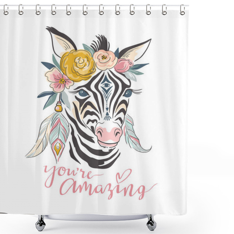 Personality  Vector Lettering Card. Hand Drawn Stylish Illustration With Boho Zebra And Text 'You Are Amazing' Shower Curtains