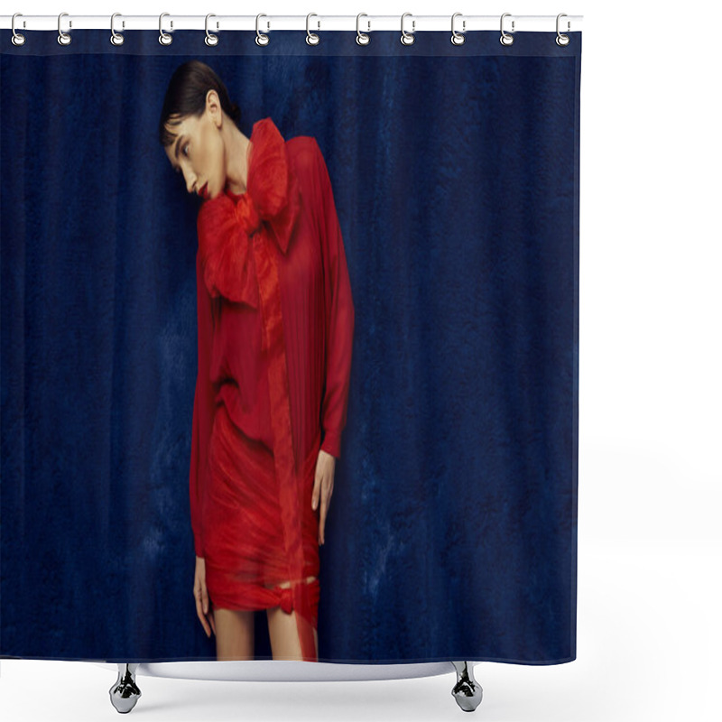 Personality  A Young Woman In A Red Dress With A Bow Poses Against A Blue Background. Shower Curtains