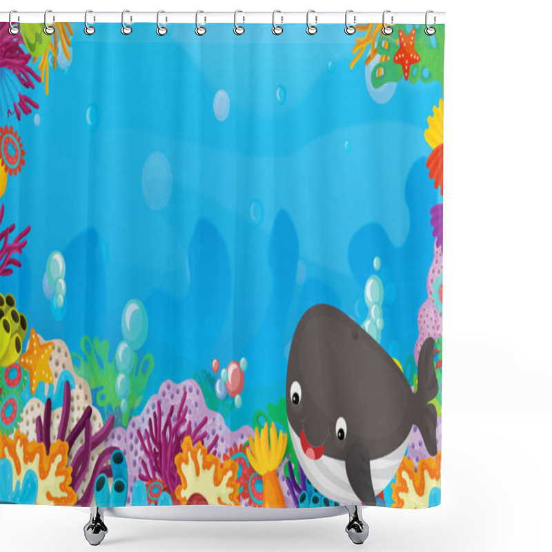 Personality  Cartoon Scene With Coral Reef With Happy And Cute Fish Swimming With Frame Space Text Whale- Illustration For Children Shower Curtains