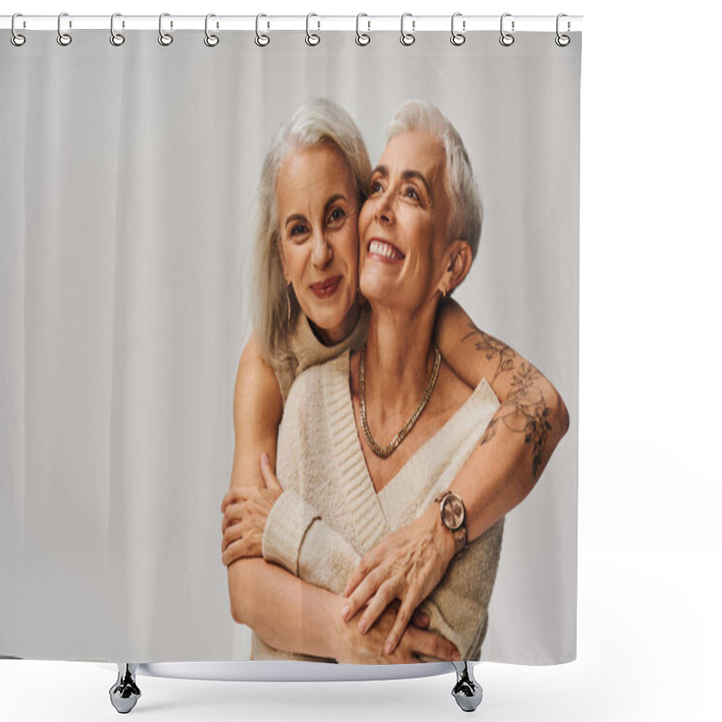 Personality  Joyful Tattooed Woman Embracing Happy And Trendy Female Friend On Grey, Friendship Of Senior Models Shower Curtains