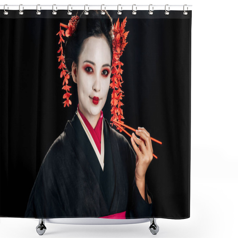 Personality  Smiling Beautiful Geisha In Black Kimono With Red Flowers In Hair Holding Chopsticks Isolated On Black Shower Curtains