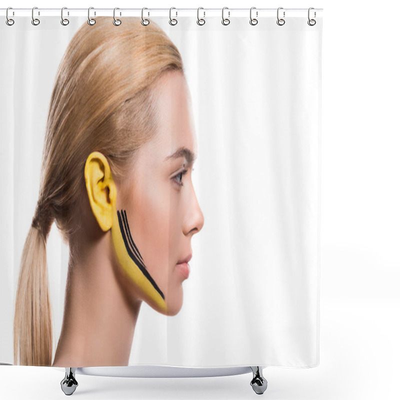 Personality  Side View Of Beautiful Woman With Yellow And Black Paints On Ear And Face Isolated On White Shower Curtains