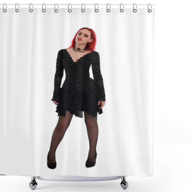 Personality  Full Length Portrait Of A  Red Haired Girl Wearing A  Black Gothic Gown, Standing Pose On A Grey Studio Background. Shower Curtains