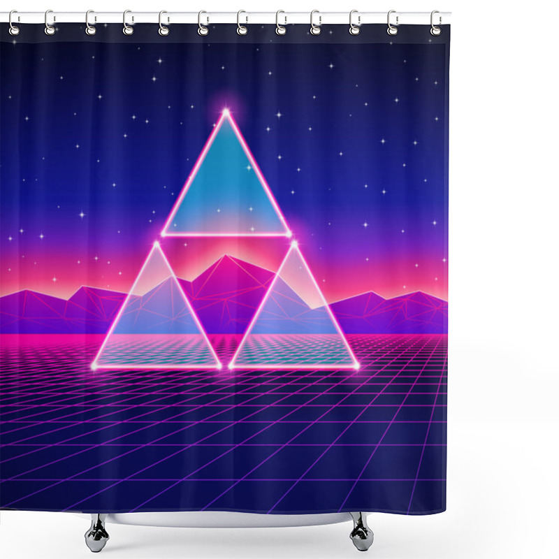 Personality  Retro Styled Futuristic Landscape With Triangles And Shiny Grid Shower Curtains