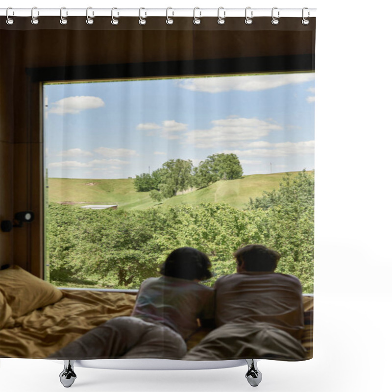 Personality  Scenic View, Back View Of Couple Lying On Bed And Looking At Green Trees On Hill Behind Window Shower Curtains