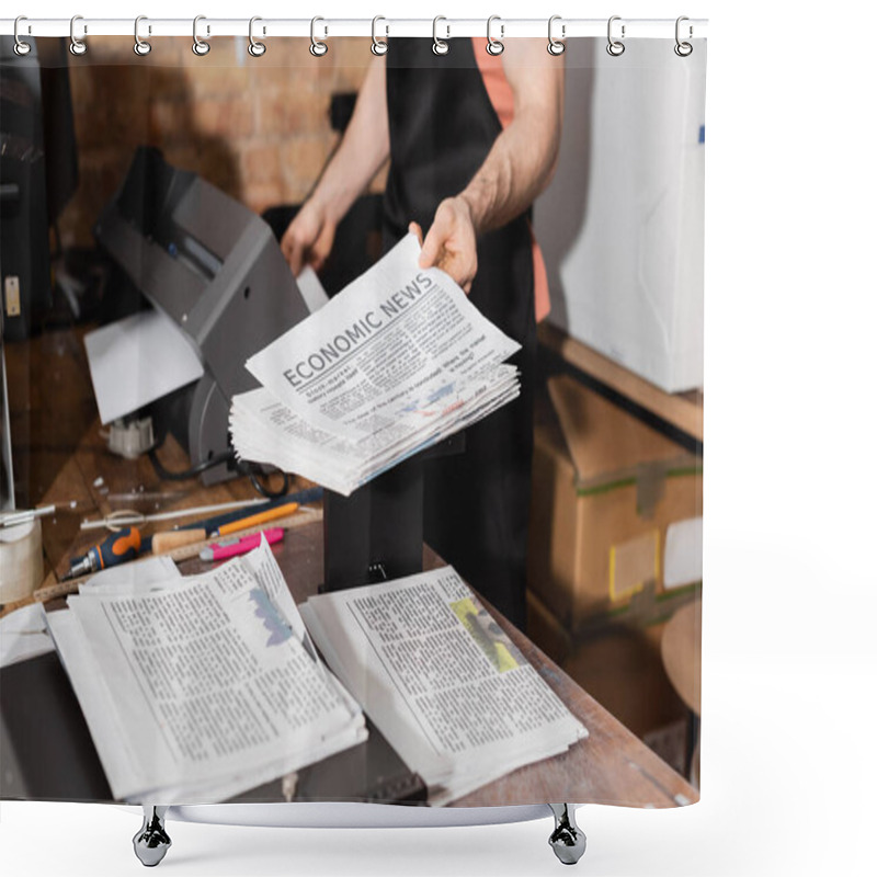 Personality  Cropped View Of Typographer In Apron Holding Printed Newspapers With Economic News  Shower Curtains