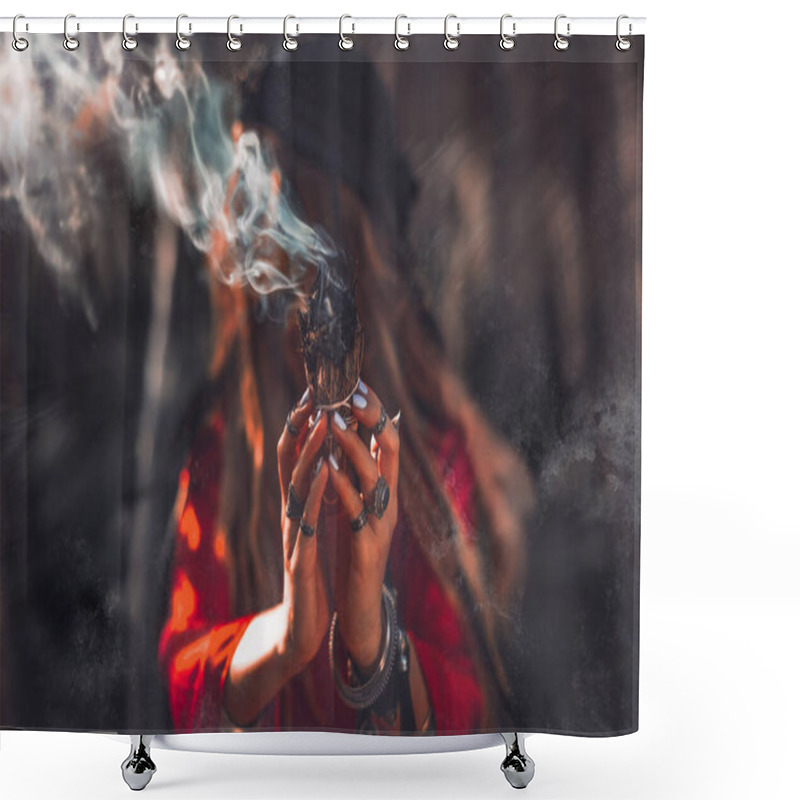 Personality  Close Up Of Woman Hands With Shamanic Fire Outdoors Shower Curtains