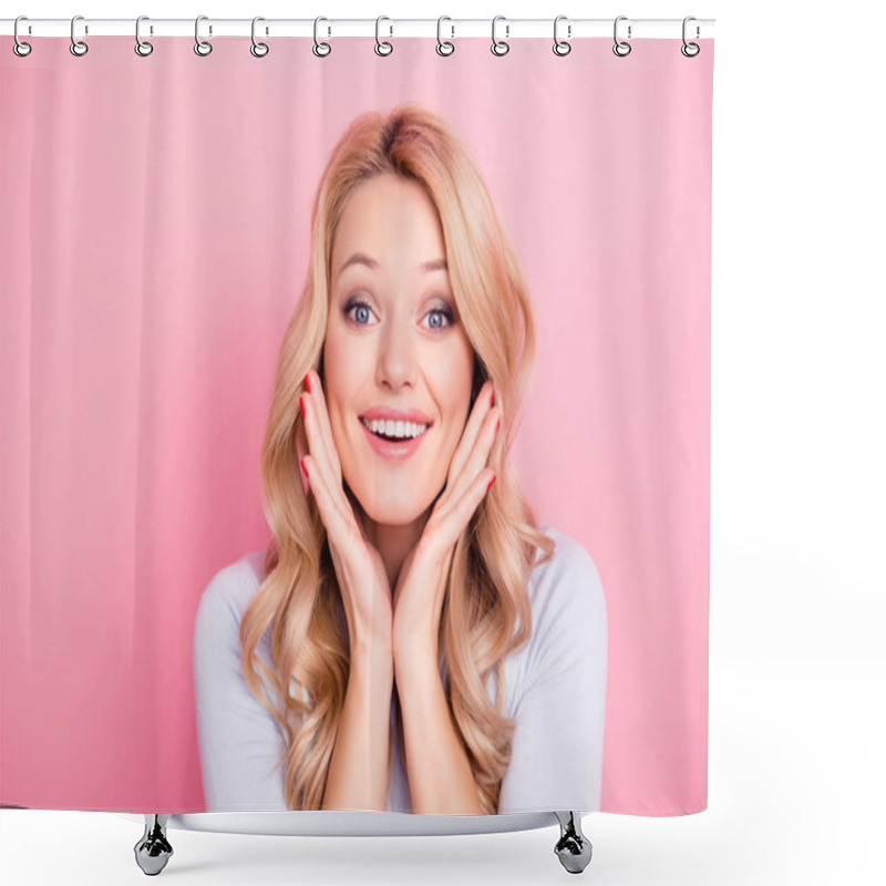 Personality  Portrait Of Cute Naive Big Eyed Woman With Modern Hairdo Holding Palms Near Cheeks Looking At Camera Isolated On Pink Background Shower Curtains