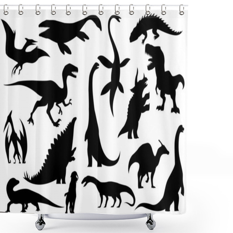 Personality  Collection Silhouettes Of Dinosaurs Skeletons. Vector Hand Drawn Dino Skeletons. Exhibit Fossils In The Museum. Sketch Set Shower Curtains