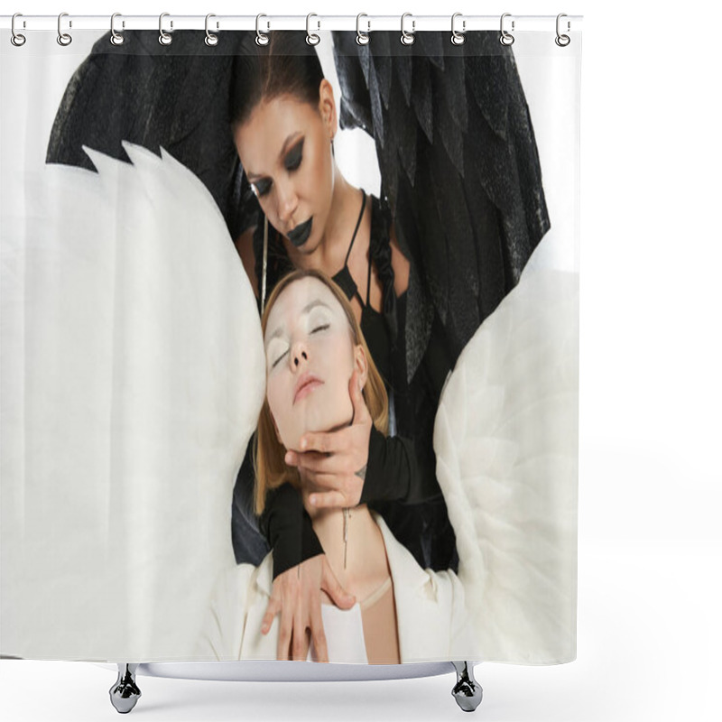 Personality  Sinister Demon Tempting Ethereal Angel With Closed Eyes On White, Good Vs Evil Biblical Conflict Shower Curtains