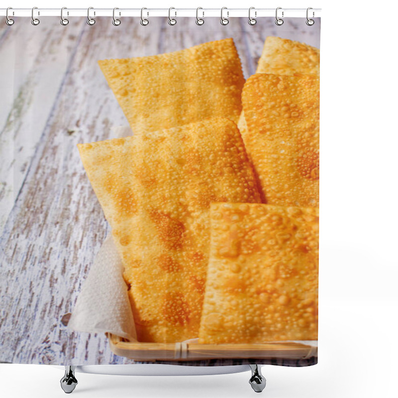 Personality  Brazilian Street Food - Fried Pastels In A Basket (Pastel De Feira), Vertical Photo Shower Curtains