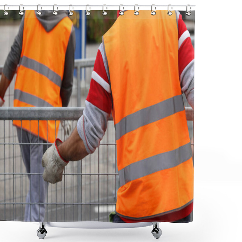 Personality  Workers With Orange High-visibility Vest While Moving The Iron F Shower Curtains