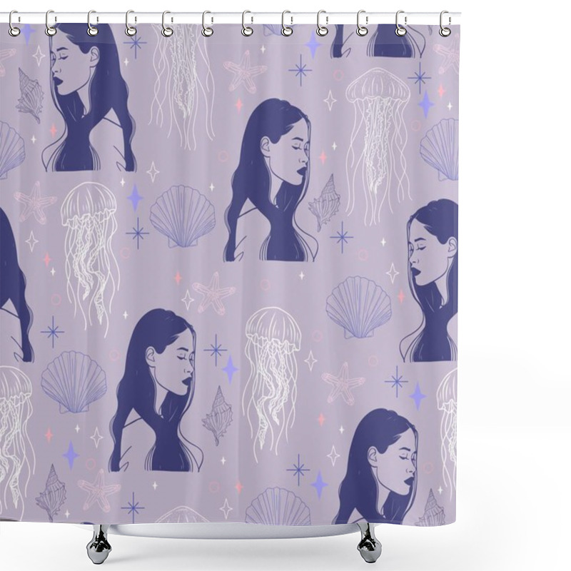 Personality  Underwater World Seamless Pattern With Mermaids, Sea Stars, Shells, And Jellyfish. Hand-Drawn Vector Background Shower Curtains