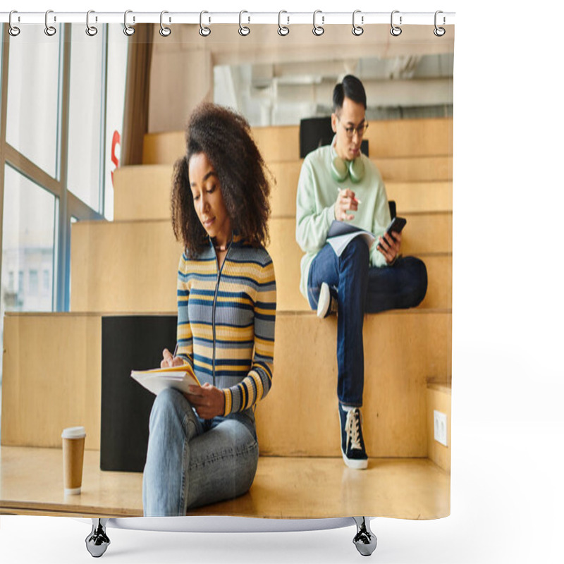 Personality  Two People, A Multicultural Pair, Sitting On The Steps Of A Building, Engaged In Deep Conversation And Contemplation. Shower Curtains