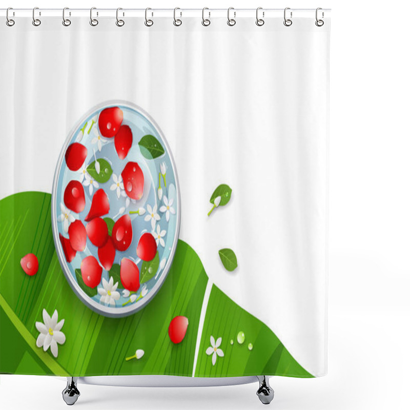 Personality  Amazing Songkran Festival Thailand Rose Petals And Flower, Leaf In Water Bowl On Banana Leaf Design, Vector Illustration Shower Curtains