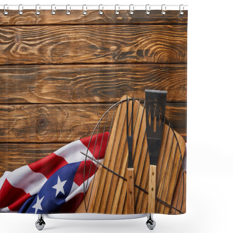 Personality  Top View Of Crumpled American Flag And Bbq Equipment On Wooden Rustic Table With Copy Space Shower Curtains