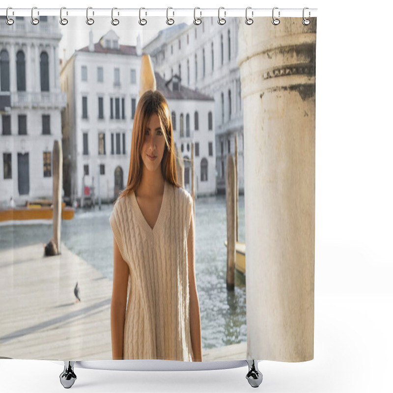 Personality  Redhead Woman In Sleeveless Jumper Looking At Camera Near Blurred Grand Canal In Venice Shower Curtains