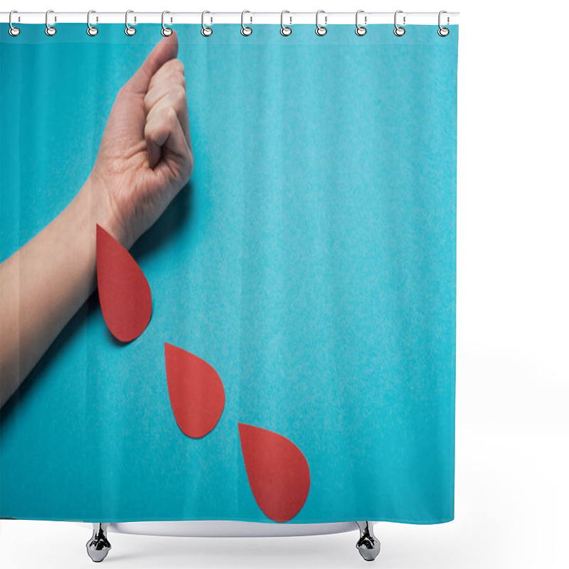 Personality  Cropped View Of Imitation Of Drops Of Blood From Woman Hand On Blue Background, World Health Day Concept Shower Curtains