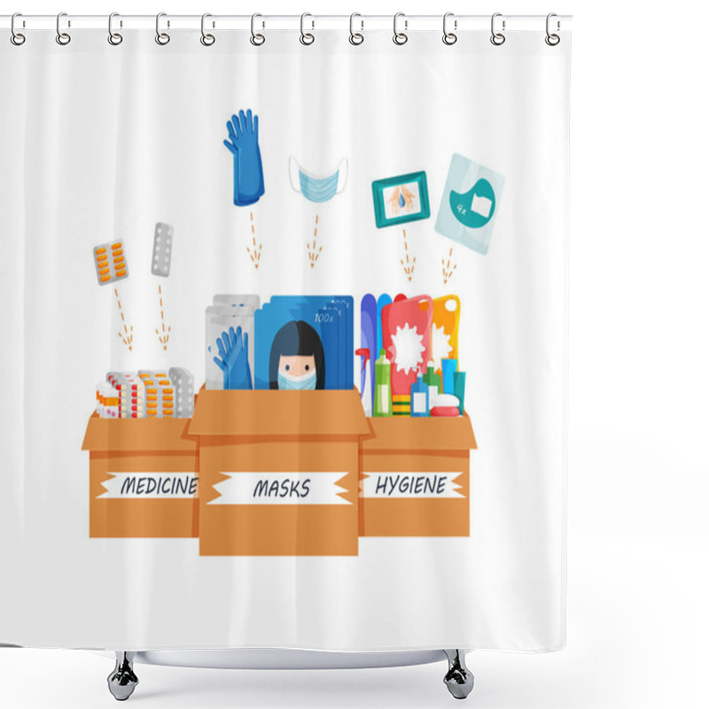 Personality  Vector Concept Design Of Donation Boxes Isolated Cartoon Flat Style. Doctors And Eardly People Need Donation Of Breathing Respiratory Face Masks, Antibacterial Product And Medicine. Social Health Care Shower Curtains