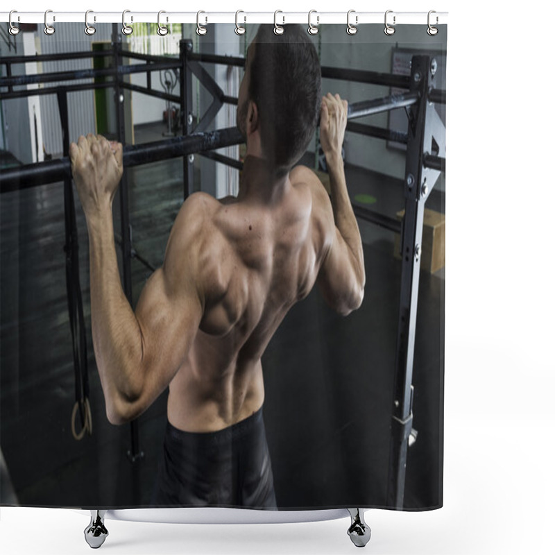 Personality  Bodybuilder Doing Pull Ups At The Gym Shower Curtains