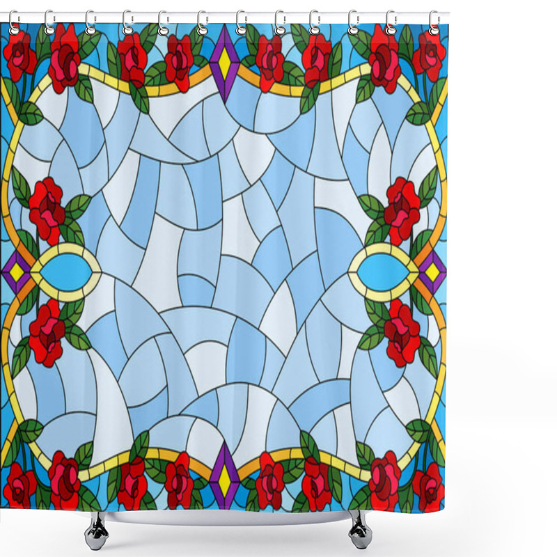 Personality  Illustration In Stained Glass Style With A Frame Of Red Intertwined Roses On A Blue Background Shower Curtains