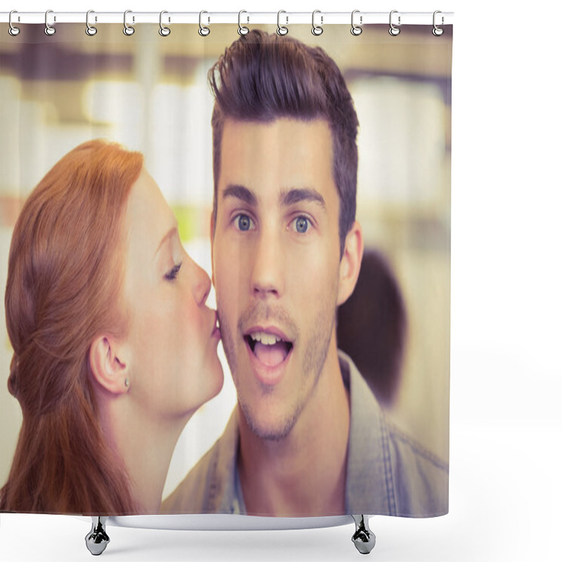 Personality  Portrait Of Shocked Businessman Being Kissed Shower Curtains