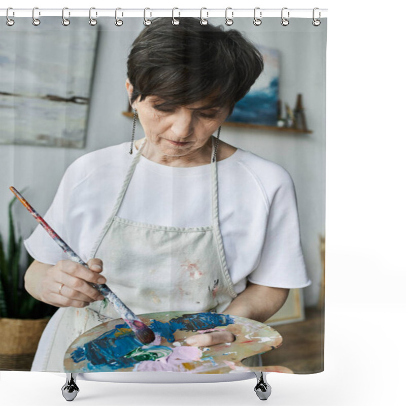 Personality  A Woman Passionately Paints While Holding A Palette In Her Studio. Shower Curtains