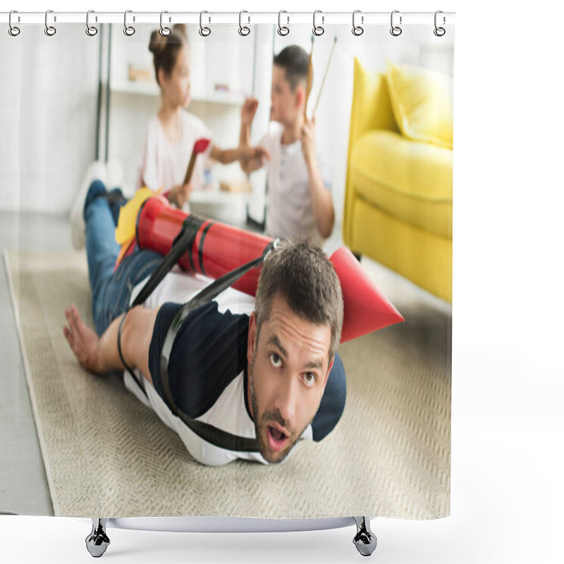 Personality  Tied Father With Rocket Toy Lying On Floor And Children Playing In Living Room Shower Curtains