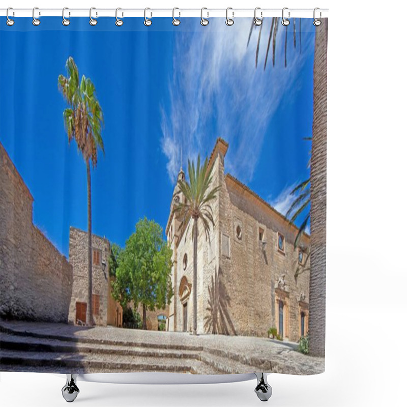 Personality  View Of Pollenca Historic Town Square With Stone Buildings Without People Shower Curtains