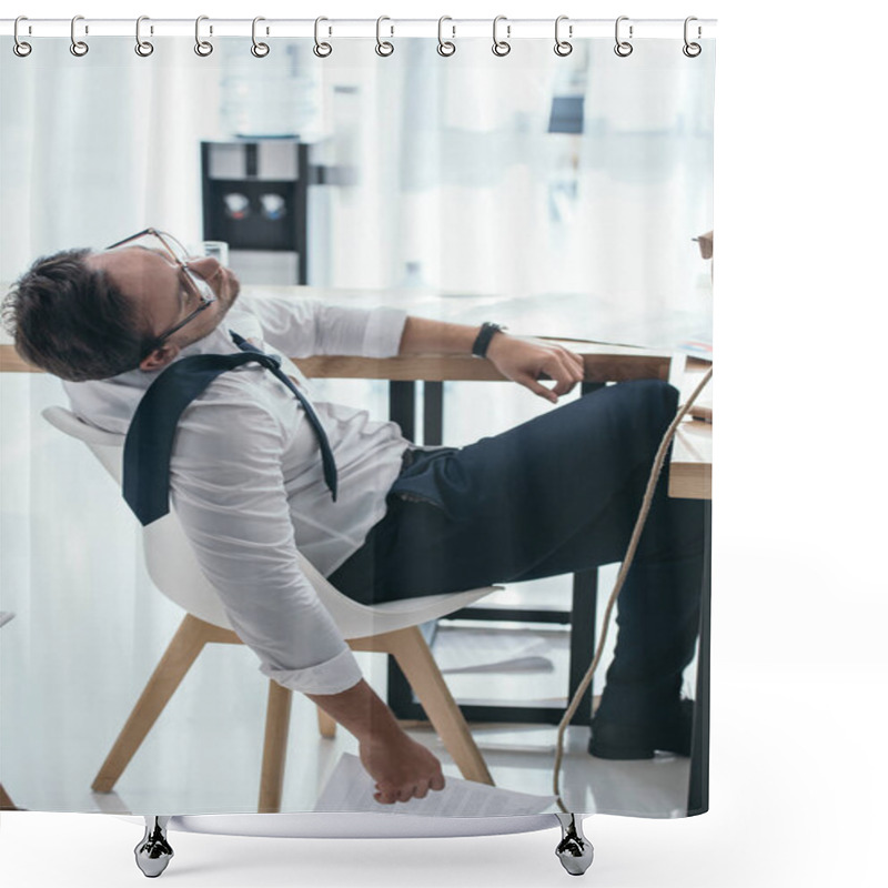 Personality  Tired Young Businessman Sleeping On Chair At Office Workplace Shower Curtains