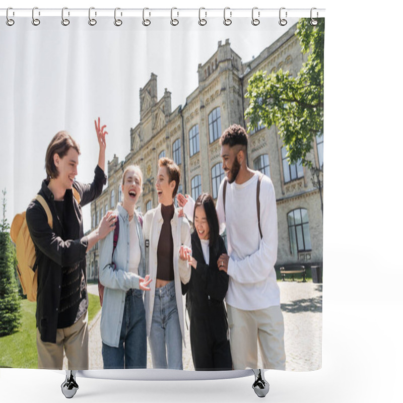 Personality  Cheerful Student With Backpack Gesturing Near Multicultural Friends Outdoors  Shower Curtains