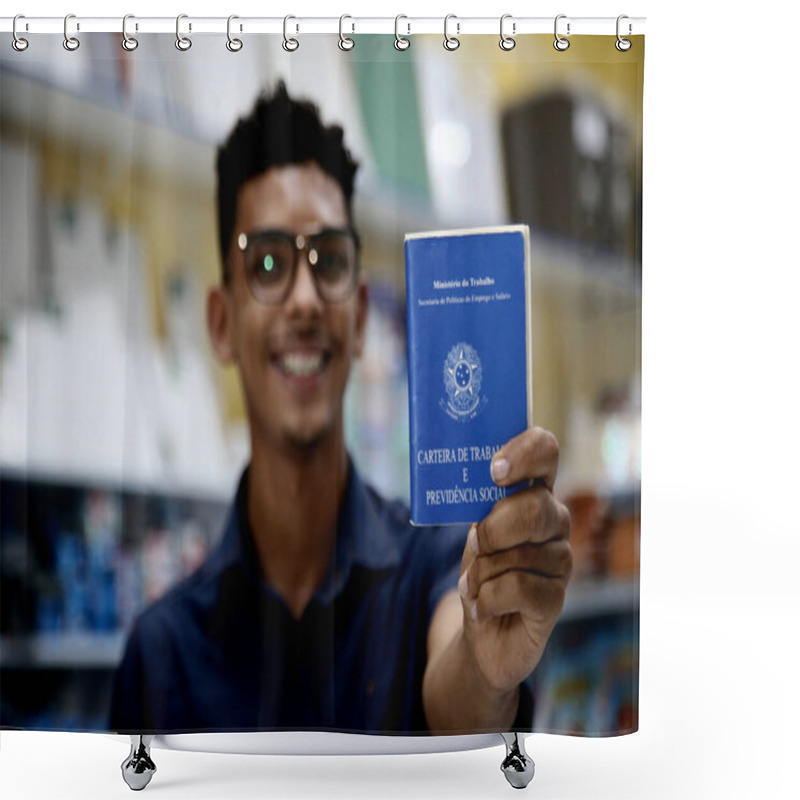 Personality  Mata De Sao Joao, Bahia, Brazil - October 1, 2020: Young Man Of Black Ethnicity Displays A Work And Social Security Card, A Necessary Document For Formalizing The Registration Of Work In Brazil. *** Local Caption *** Shower Curtains