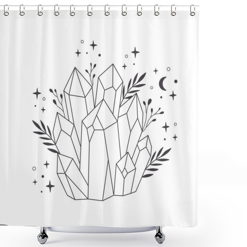 Personality  Mystical, Esoteric Or Healing Crystals With Flowers, Leaves. Linear Art. Editable Strocks. Vector Illustration Shower Curtains