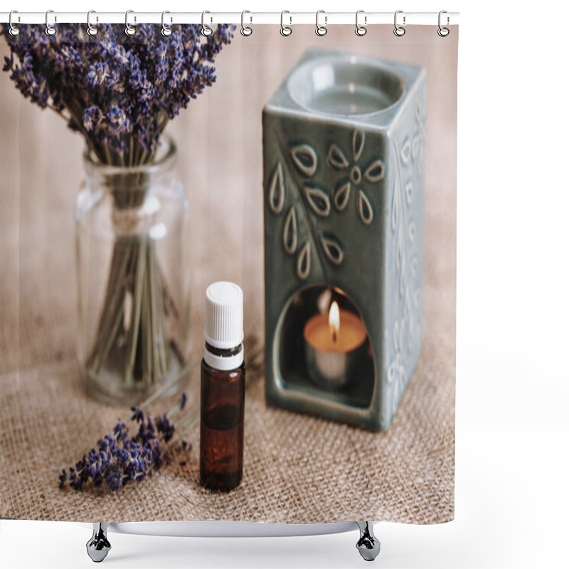 Personality  Close Up Of Aroma Lamp With Burning Candle And Essential Lavender Oil, An Aromatherapy Concept Shower Curtains