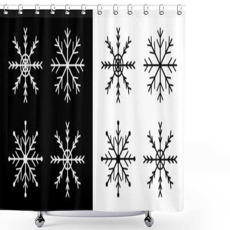 Personality  Snowflakes Icon Set. Four White Black Snowflake. Merry Christmas. Happy New Year Decoration Sign Symbol. Xmas Paper Craft. Snow Flake. Frozen Star Shape. Winter Background, Isolated Flat Design Vector Shower Curtains