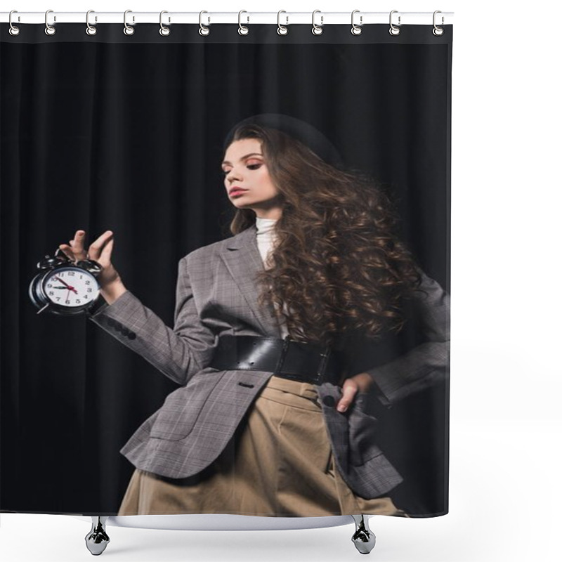 Personality  Elegant Fashionable Young Woman Holding Clock Isolated On Black Shower Curtains