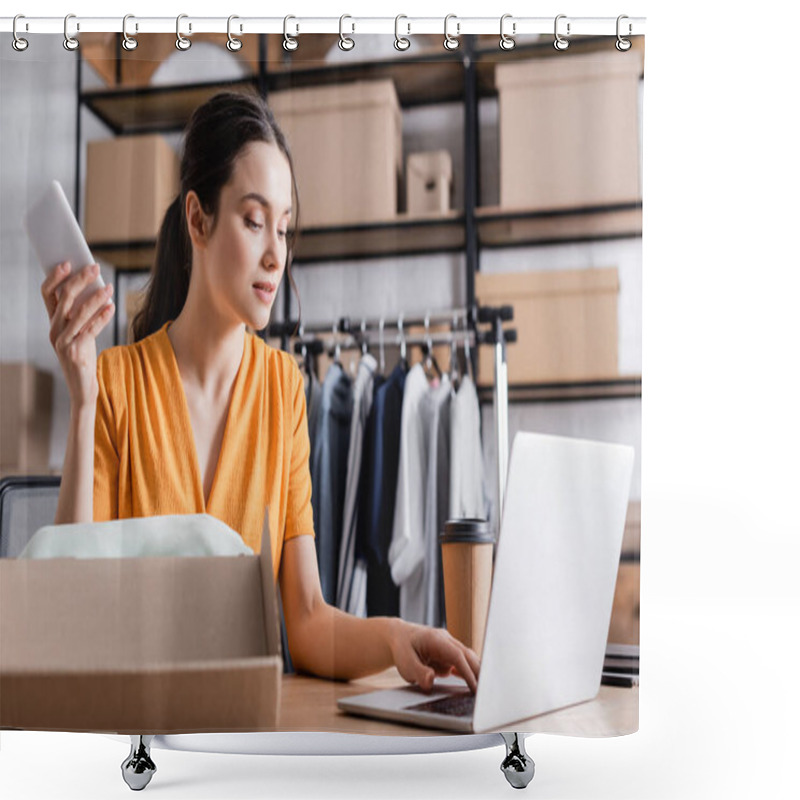 Personality  Proprietor Using Devices Near Coffee To Go And Carton Box In Online Web Store  Shower Curtains