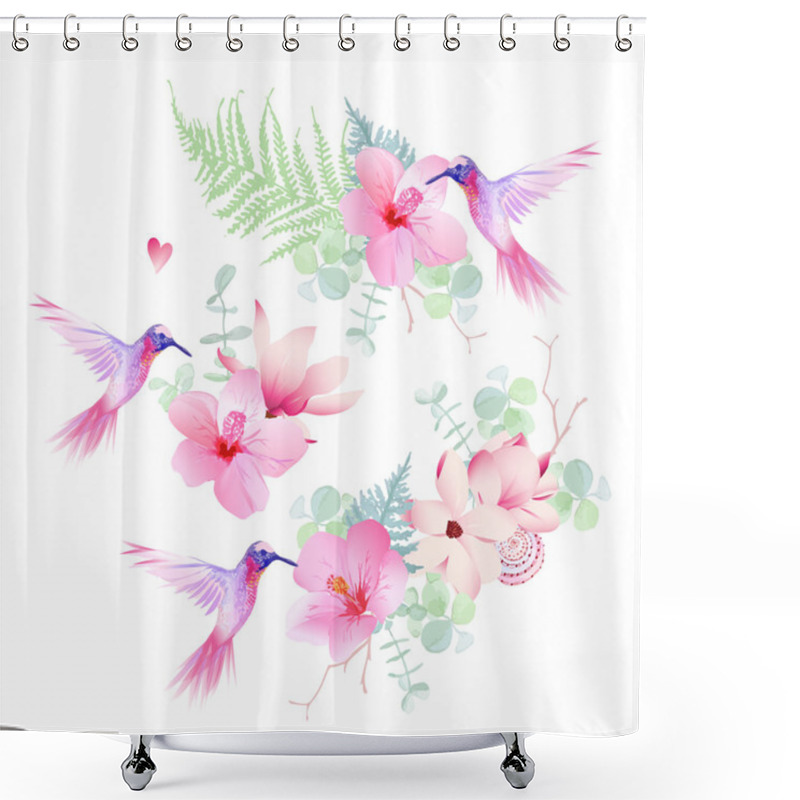 Personality  Delicate Tropical Flowers With Flying Hummingbirds Vector Design Shower Curtains