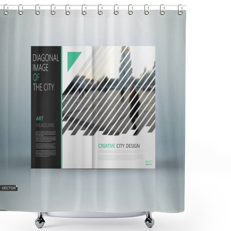 Personality  Abstract Binder Art. White A4 Brochure Cover Design. Info Banner Frame. Ad Flyer. Daily Periodical Issue. Text Font. Blurb Model. Fancy Vector Front Page. City View. Green Triangles, Lines Figure Icon Shower Curtains