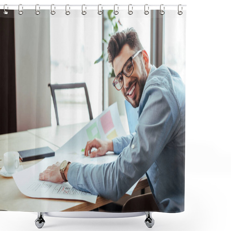 Personality  UI Designer Smiling And Looking At Camera With Wove Papers Near Cup Of Coffee And Notebook At Table  Shower Curtains