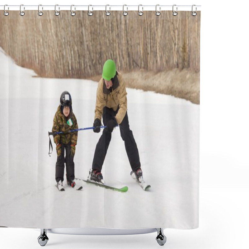 Personality  Father Teaching His Young Son How To Ski Shower Curtains